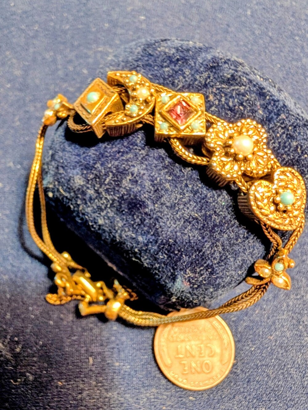 Vintage Gold-Tone Slide Charm Bracelet with Turquoise and Pearl Accents